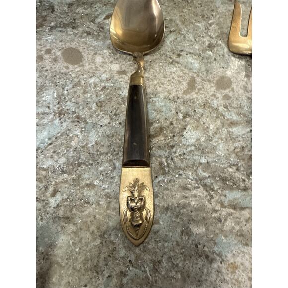 Vintage 1950’s Siam Thailand Mid Century Bronze And Wood Serving Fork & Spoon - Picture 2 of 7